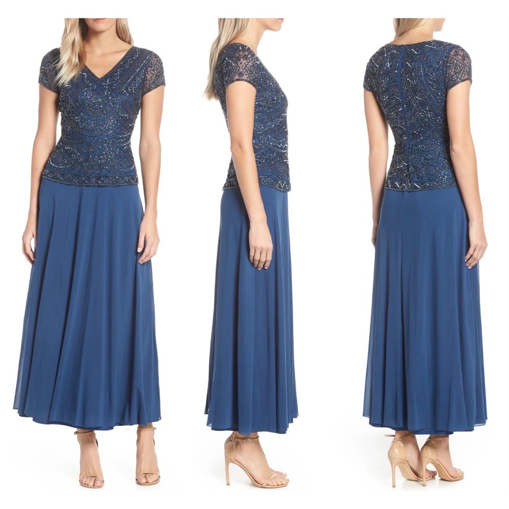 Pisarro Nights Blue Beaded V-Neck Gown Size 14 Formal Dress Wedding